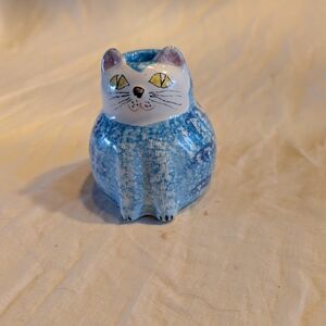 2/20$ Pier 1 Blue and White Cat Ceramic Candle Holder Made In Italy